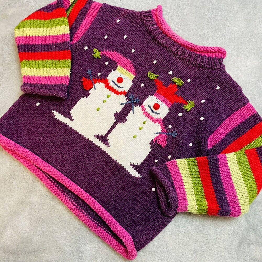 Mulberry Bush Hand Loomed Holiday‎ Sweater Girls 2T Christmas Snowmen Mulberri